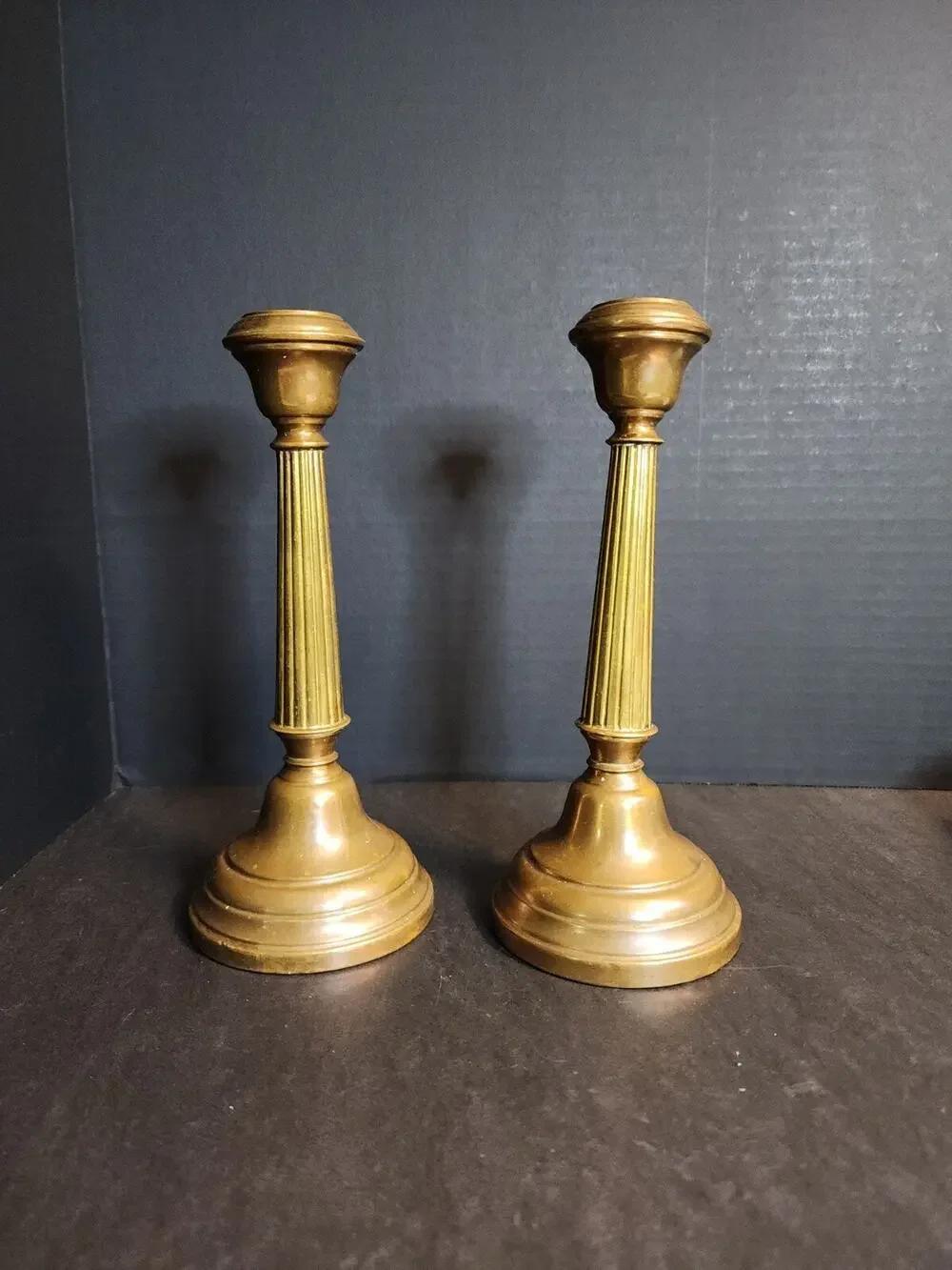 Pair of Antique Brass Candlesticks, Copper Weighted, Column Fluted 8.5
